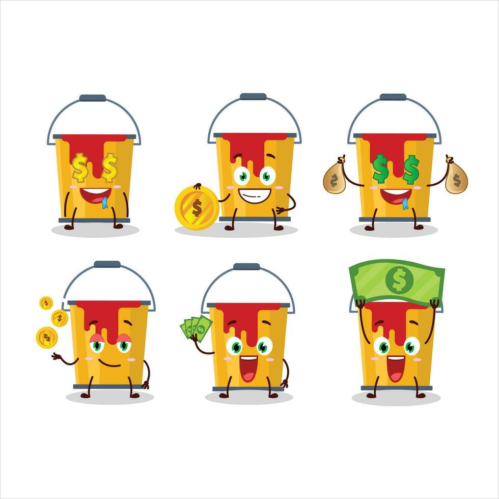 Yellow paint bucket cartoon character with cute emoticon bring money vector