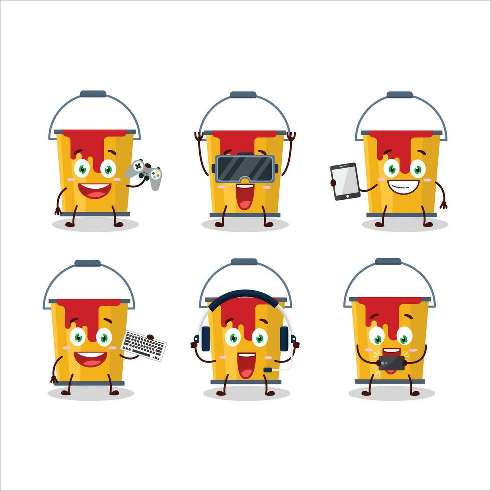 Yellow paint bucket cartoon character are playing games with various cute emoticons vector