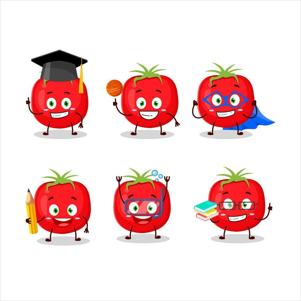 colegio estudiante de tomate dibujos animados personaje con varios expresiones vector