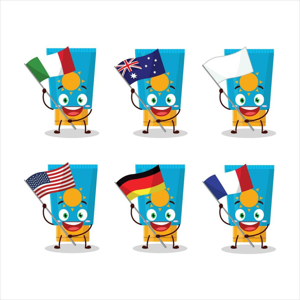 Cream sunblock cartoon character bring the flags of various countries vector