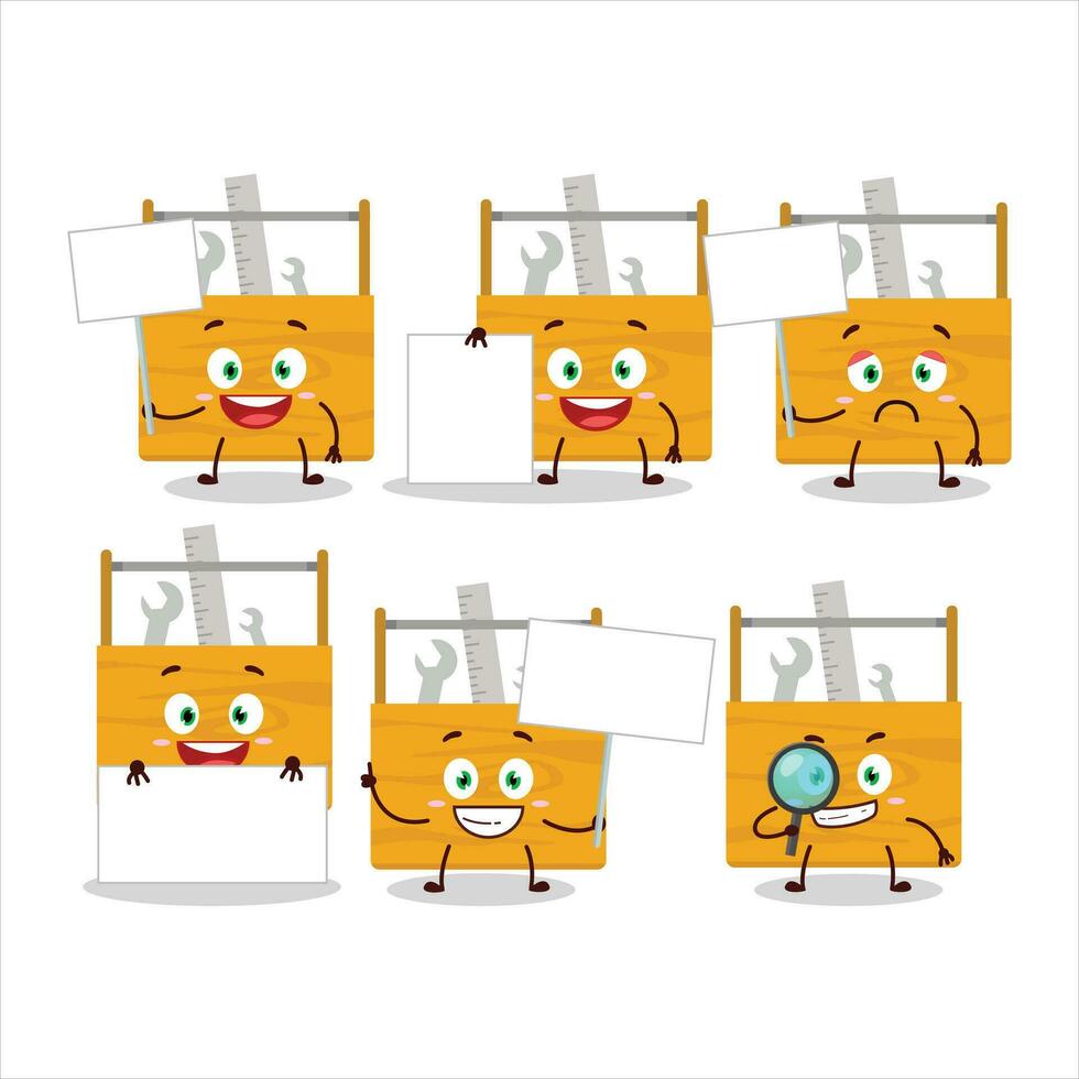 Wooden toolbox cartoon character bring information board vector