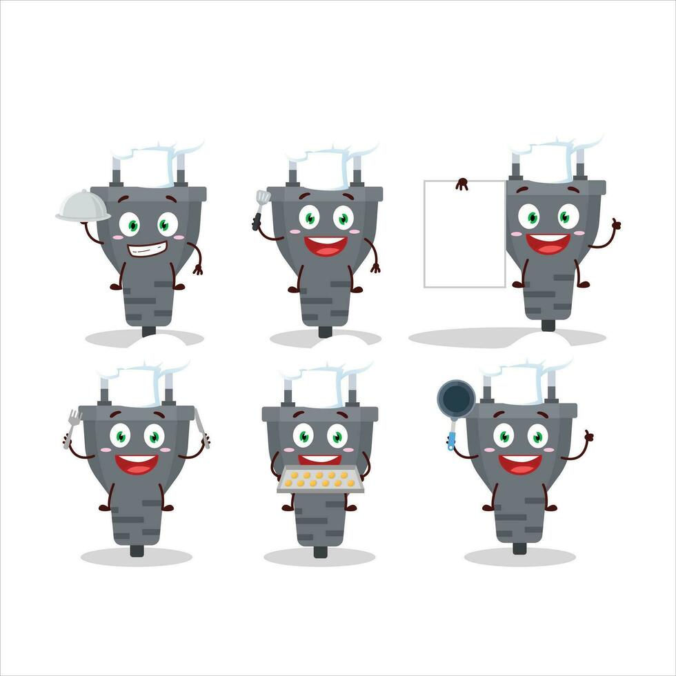 Cartoon character of black plug with various chef emoticons vector