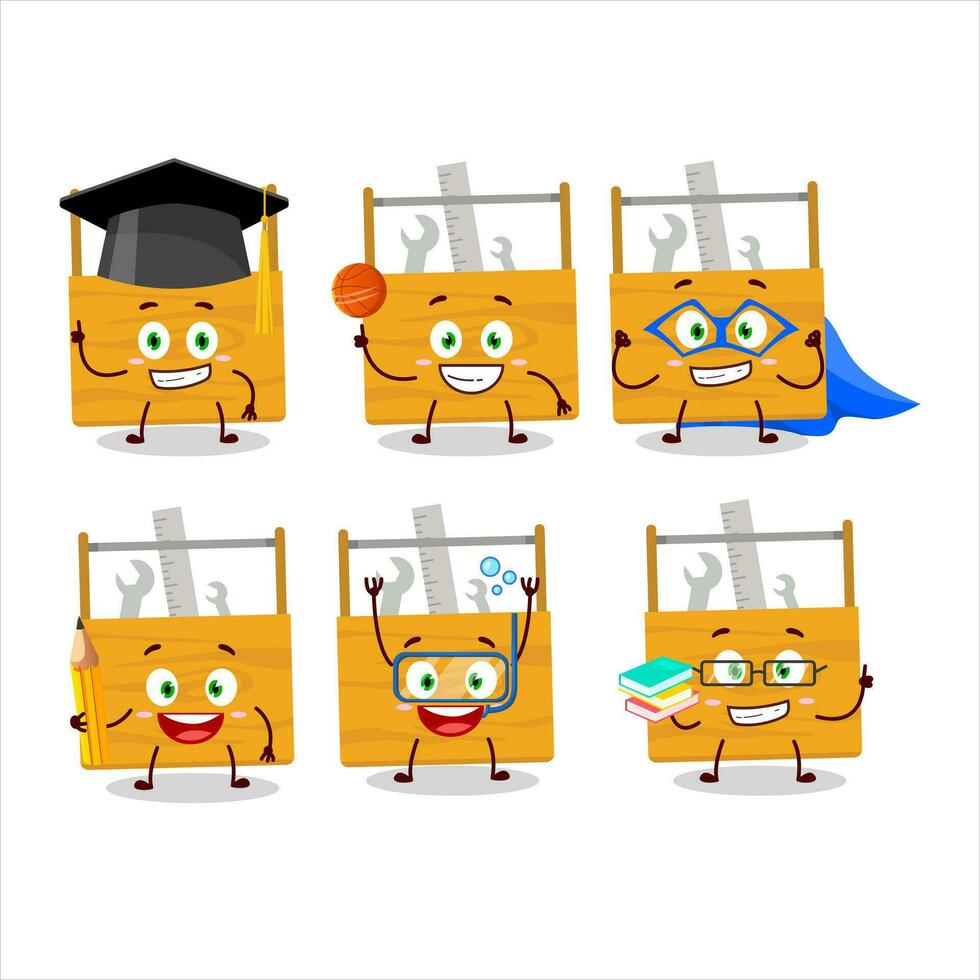 School student of wooden toolbox cartoon character with various expressions vector