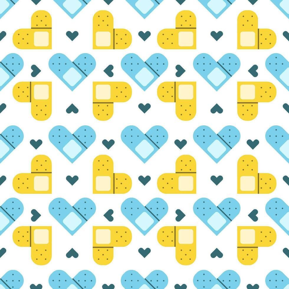 Flat cute seamless pattern of medical plaster with hearts. vector