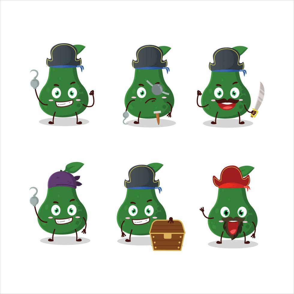 Cartoon character of avocado with various pirates emoticons vector