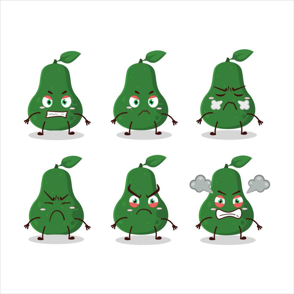 aguacate dibujos animados personaje con varios enojado expresiones vector