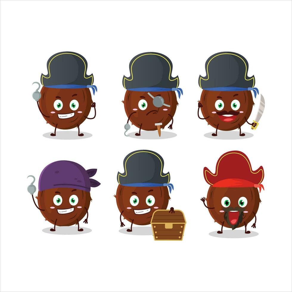 Cartoon character of coconut with various pirates emoticons vector