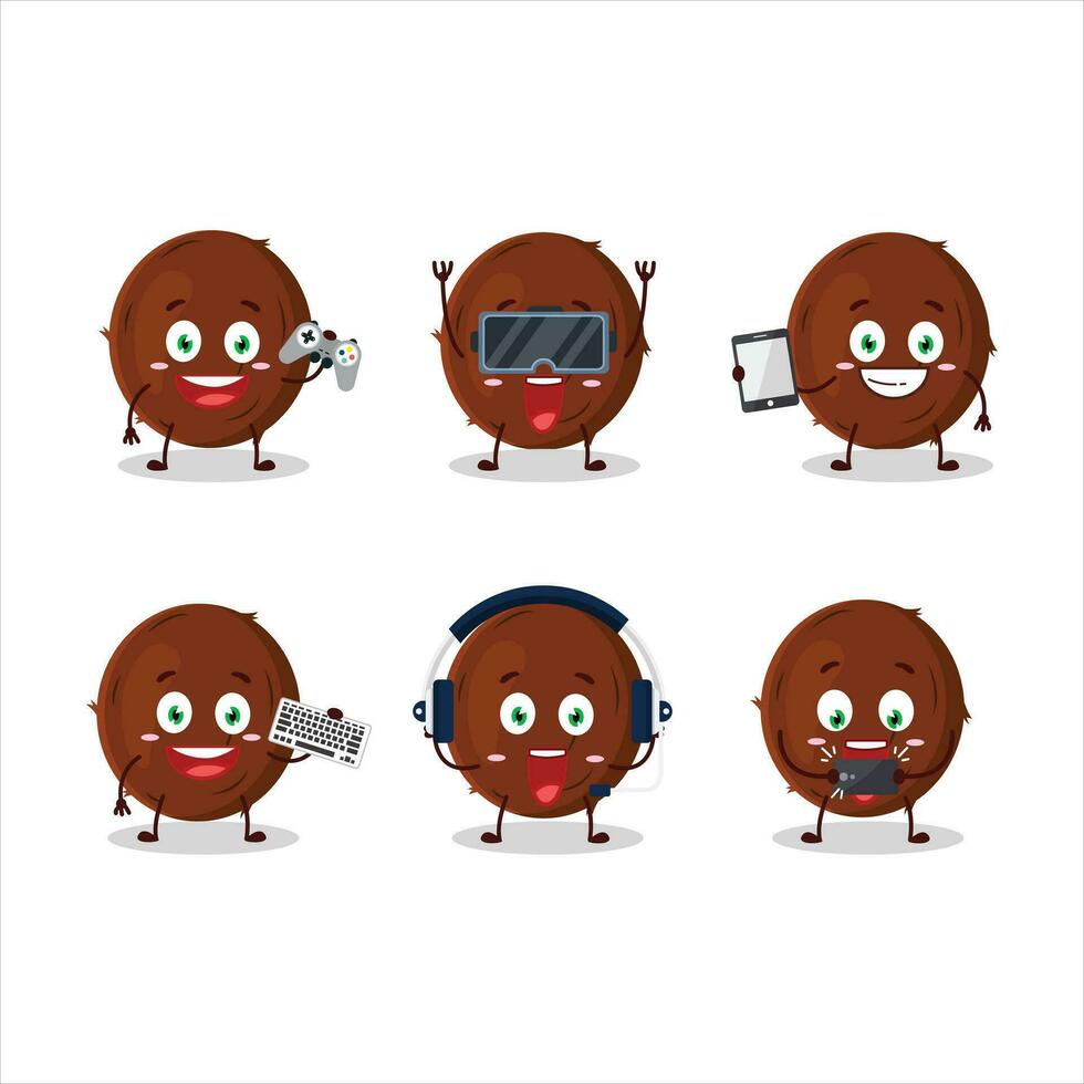 Coconut cartoon character are playing games with various cute emoticons vector