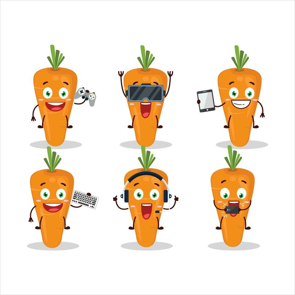 Carrot cartoon character are playing games with various cute emoticons vector