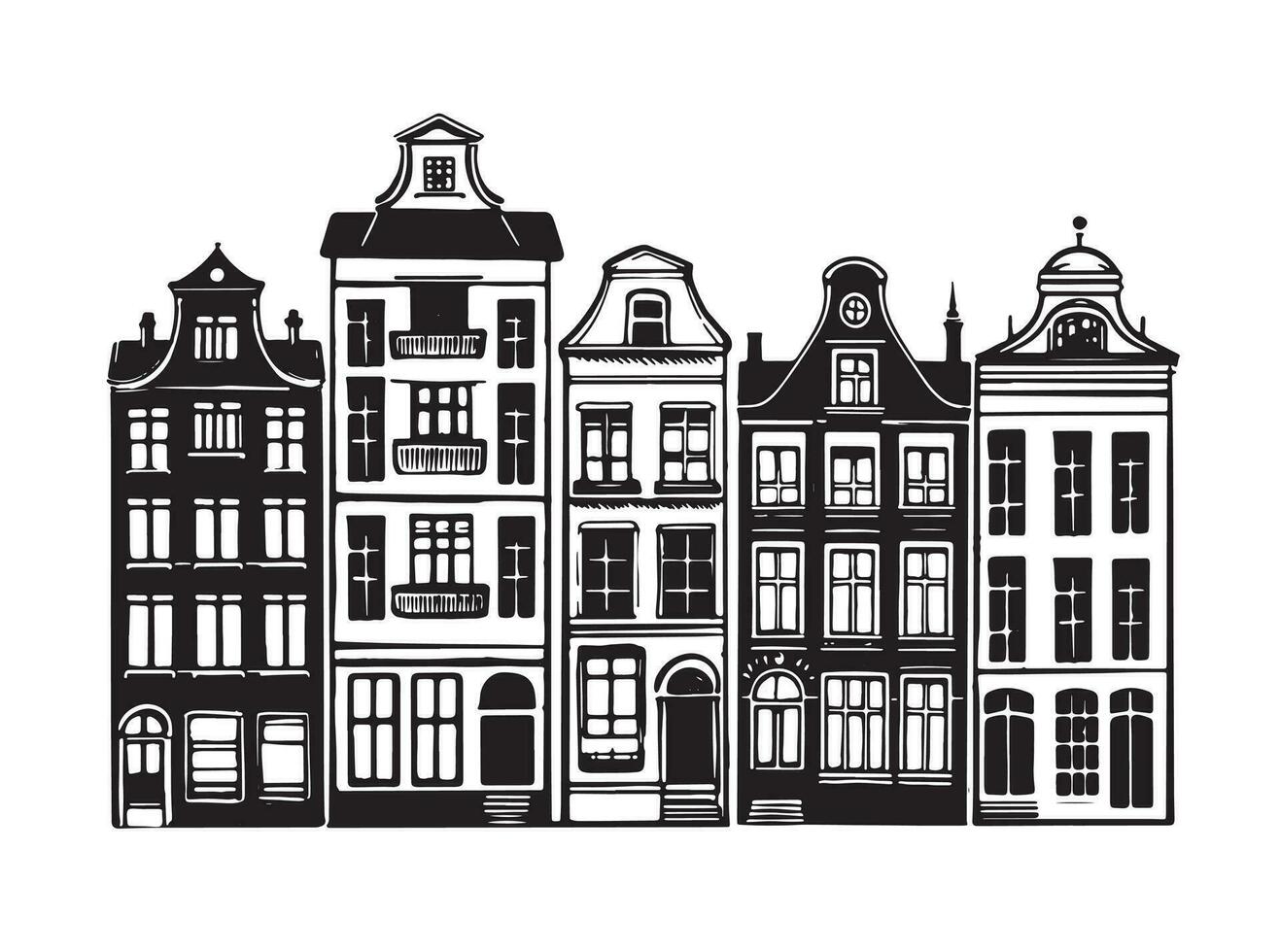 adobe casas fachadas en un fila, Amsterdam mano dibujado ilustración. vector