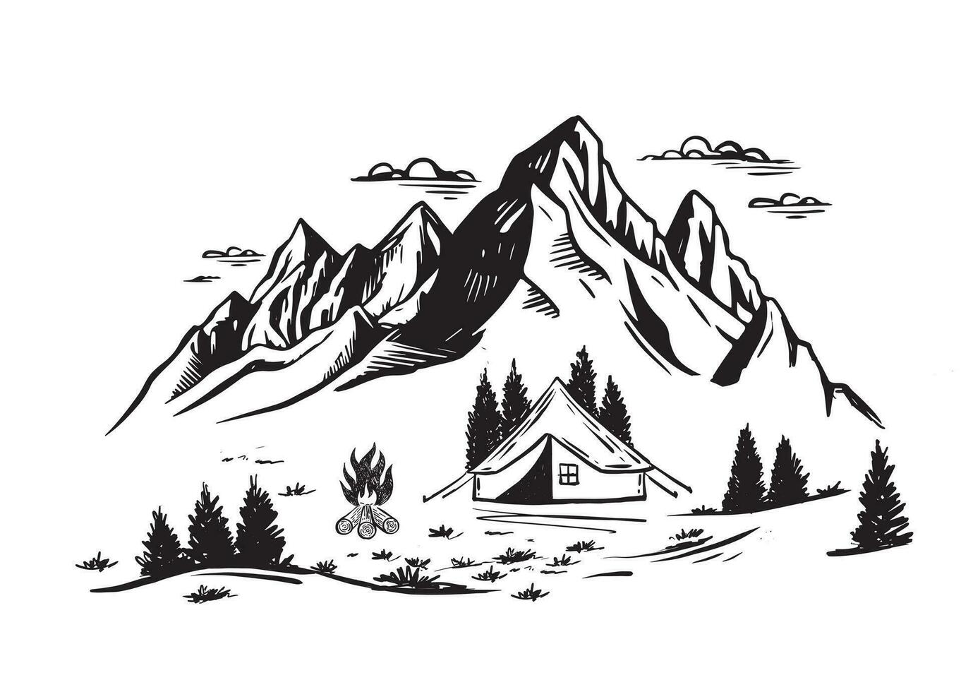 Camping in nature, Mountain landscape, sketch style, vector illustrations.