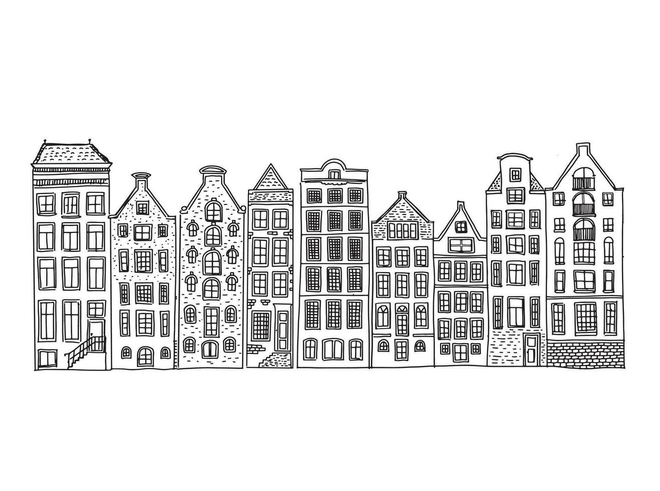 adobe casas fachadas en un fila, Amsterdam mano dibujado ilustración. vector