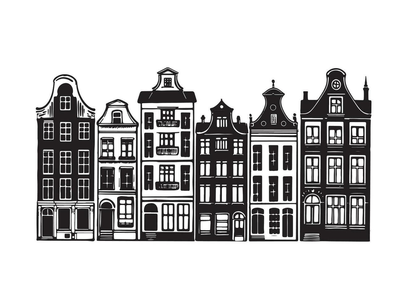 adobe casas fachadas en un fila, Amsterdam mano dibujado ilustración. vector