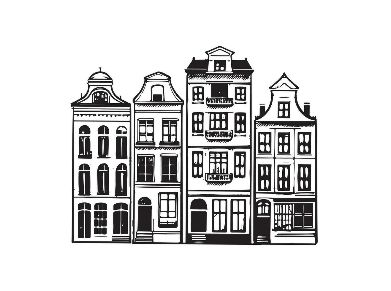 Adobe Houses facades in a row, Amsterdam hand drawn illustration. vector