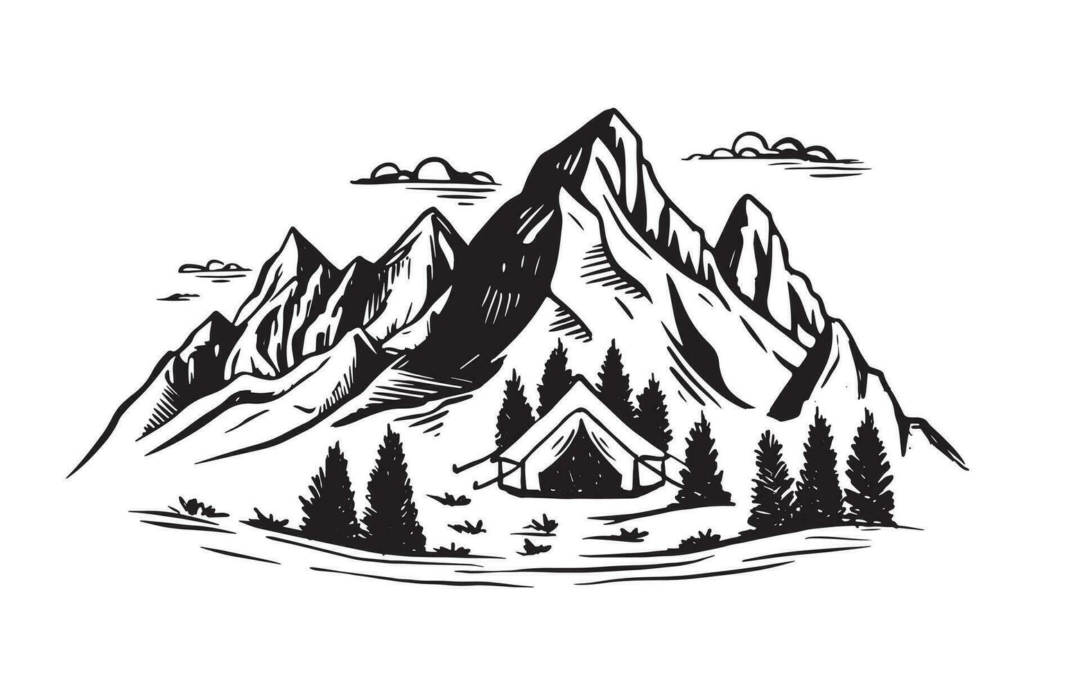 Camping in nature, Mountain landscape, sketch style, vector illustrations.