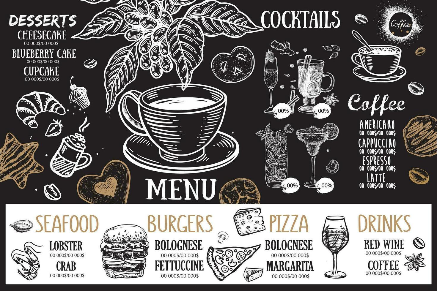 Adobe Coffee house menu. Restaurant cafe menu, template design. Food flyer. vector