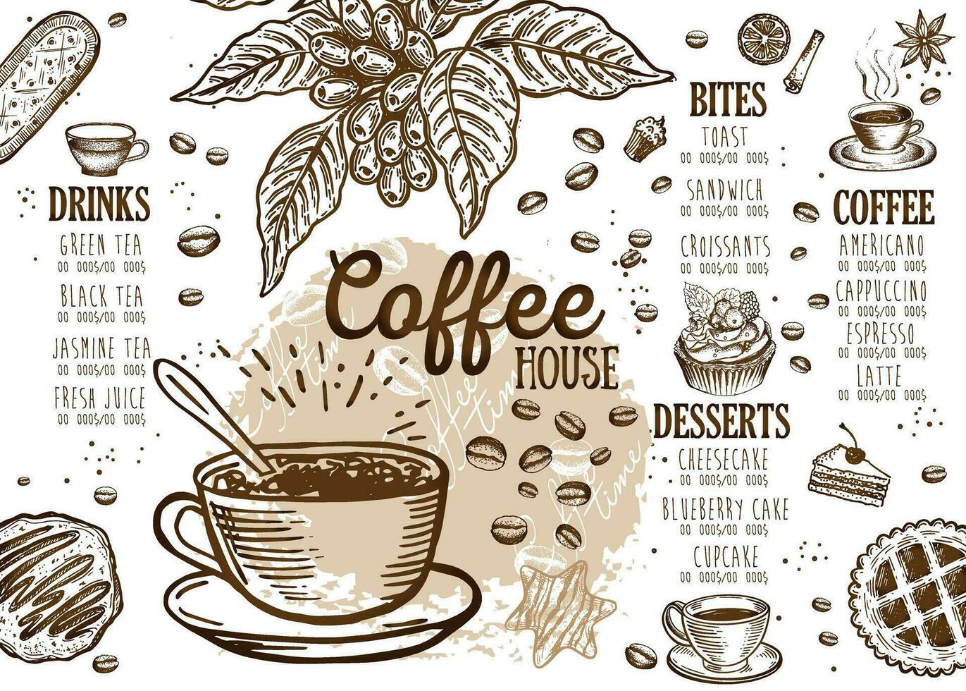 Coffee house menu. Restaurant cafe menu, template design. Food flyer. vector