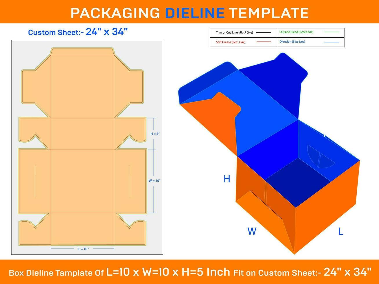 10x10x5 inch 1000 Gram Standard Cake Box Dieline Template vector