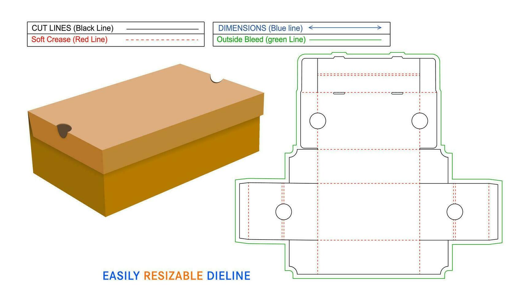 Cardboard Shoes box without glue box, easily and perfectly foldable box dieline template and 3D box vector