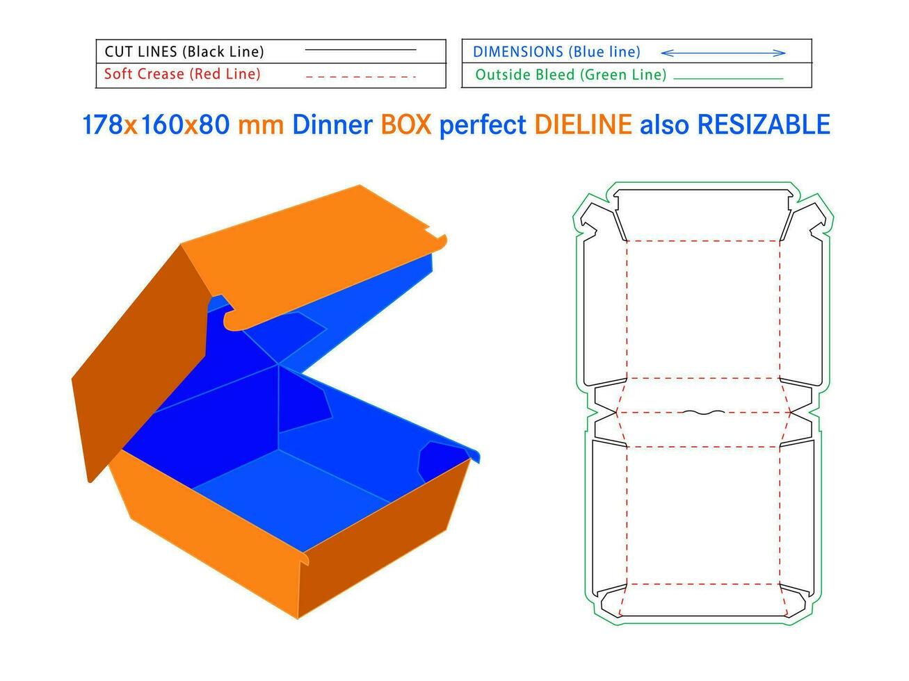 cena caja dieline o 178 X 160 X 80 mm Talla troquelado modelo yo asamblea Respetuoso del medio ambiente, No pegamento necesario caja, rápido comida hamburguesa caja vector