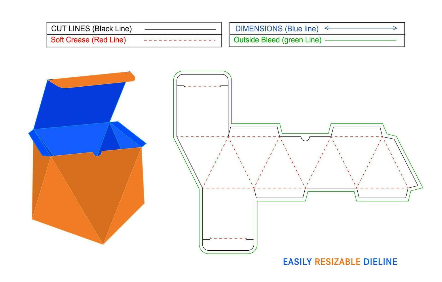 Diamond Shape tuck end 8 face Box Die Cut or ideline Template side angled 8 face box vector