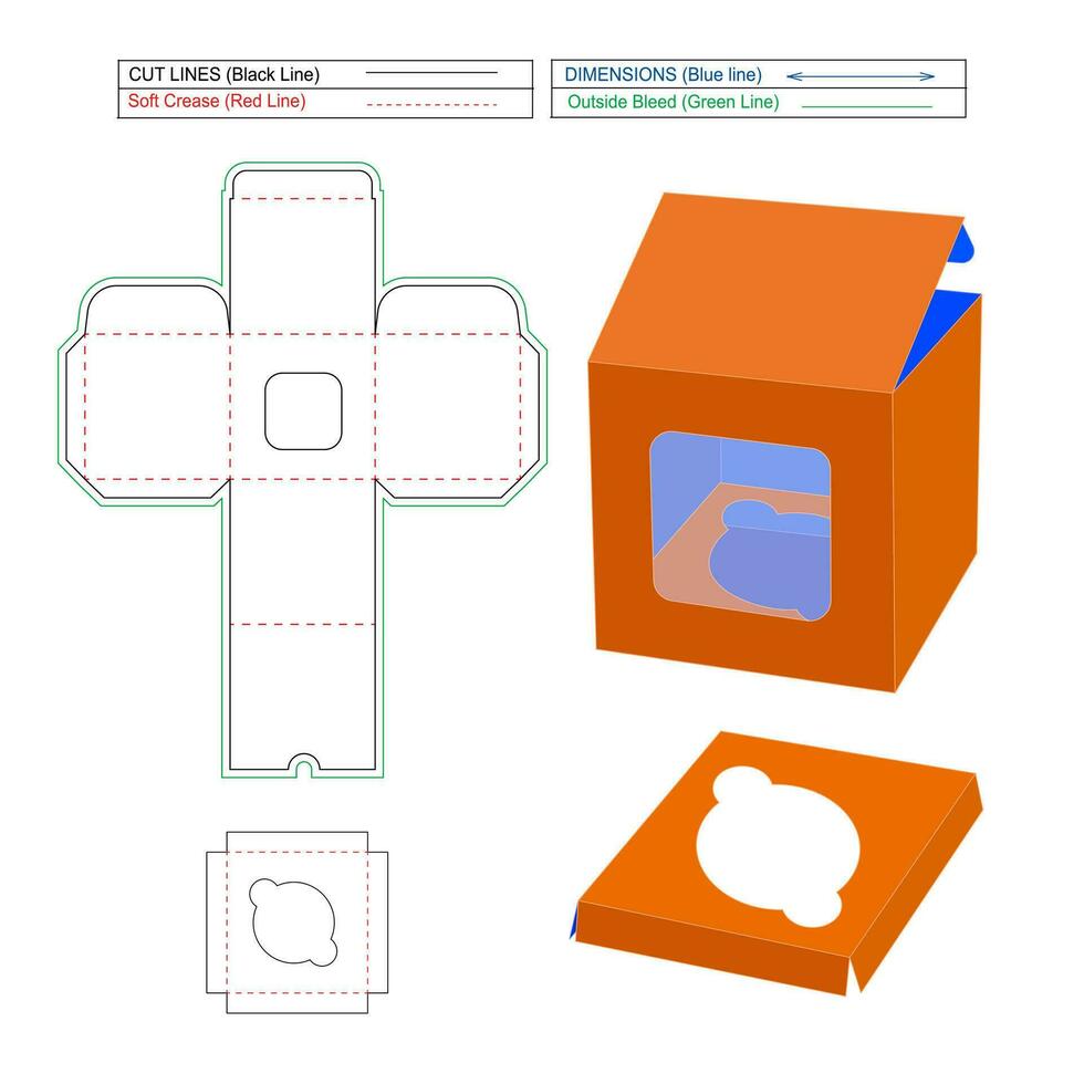 Cardboard square cake box square display cake box dieline template and 3d box, Resizable and editable vector file