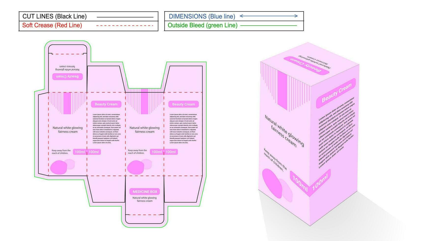 diseño de caja de embalaje listo para imprimir con extremo de pliegue inverso de crema de belleza con línea de troquel perfecta y caja 3d vector