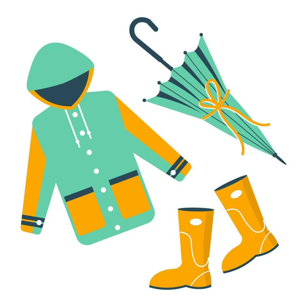 Rain jacket, rubber boots and umbrella. Autumn vector set, illustration