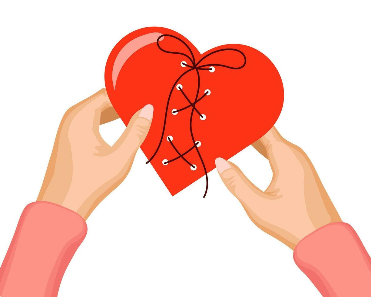 Hands holding red broken and sewn heart. Background for Valentine's Day, print, vector