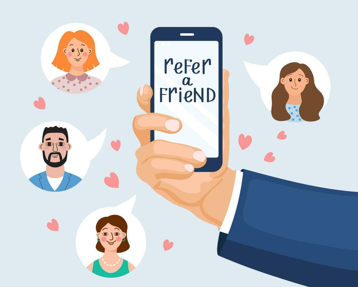 Refer a friend marketing concept. The hand holds the phone. Business partnership strategy with a group of people. Social media marketing for friends. Banner template. Vector. vector