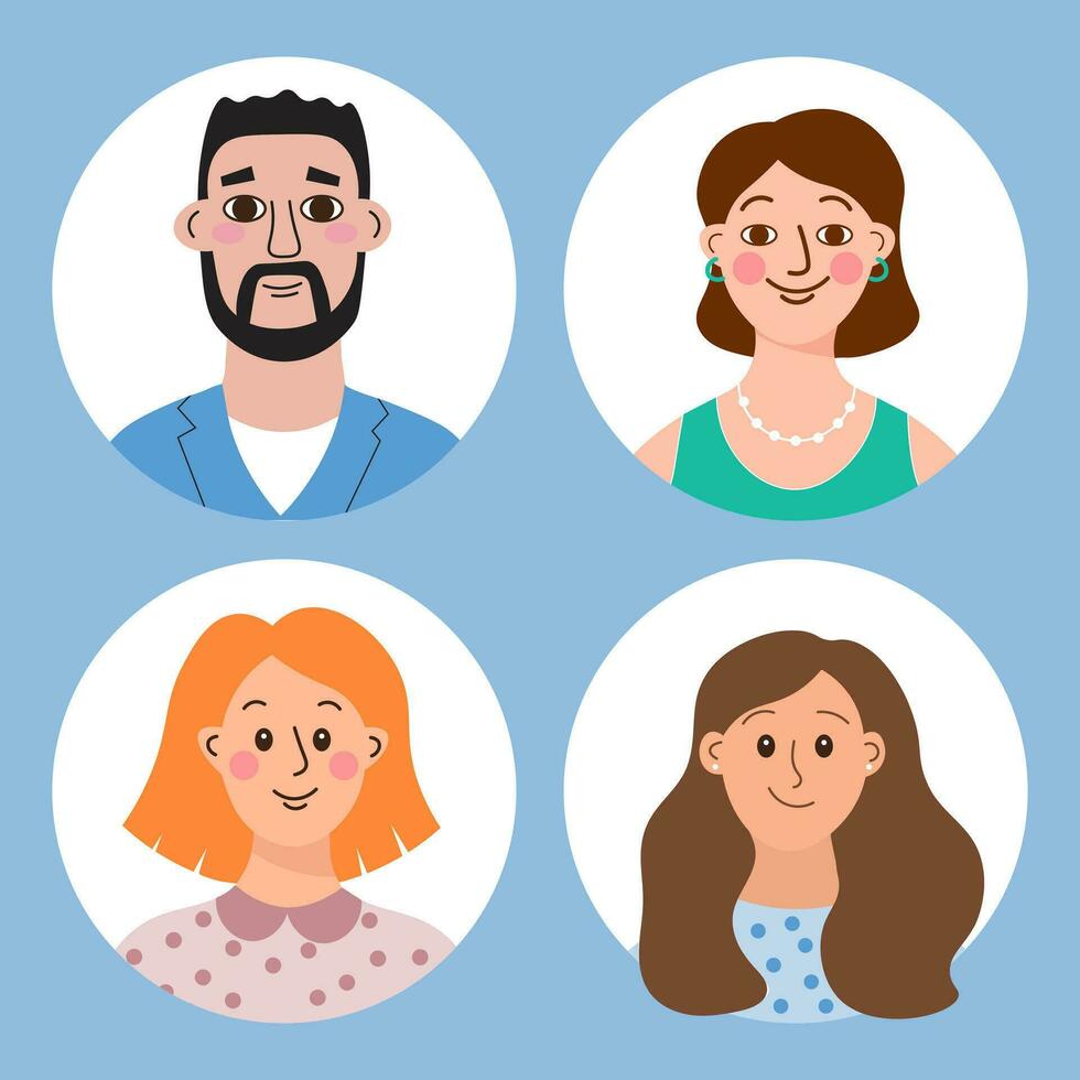 un conjunto de dibujos animados caracteres de mujer y hombres, un conjunto de avatares, retratos iconos, ilustración, vector