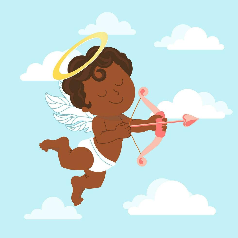 Cute cupid with bow and arrow, baby angel with a halo in the sky with clouds. Illustration, vector