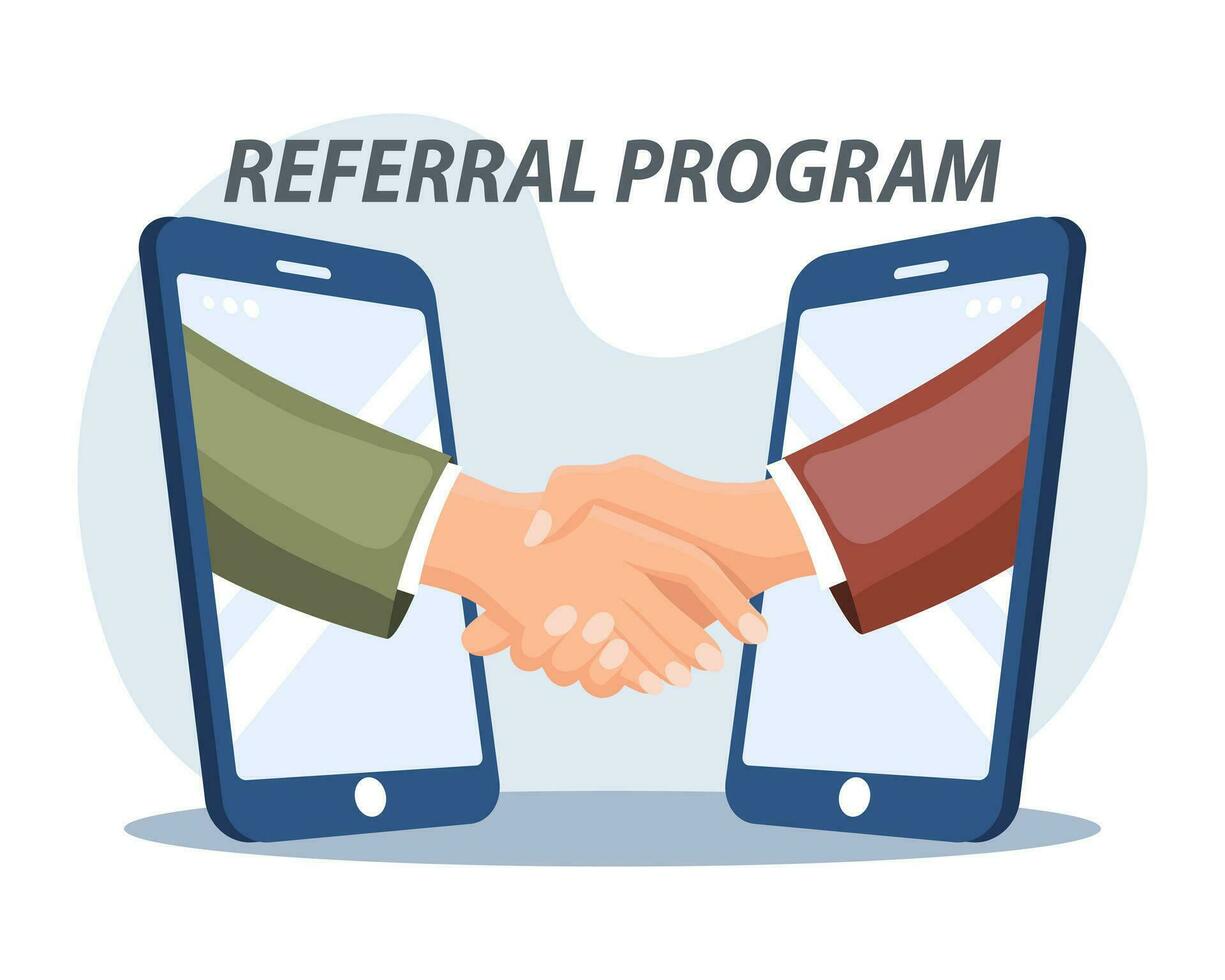 Refer a Friend or Referral Marketing concept. Business people shake hands in a smartphone. Social media marketing for friends. Banner template. Vector. vector