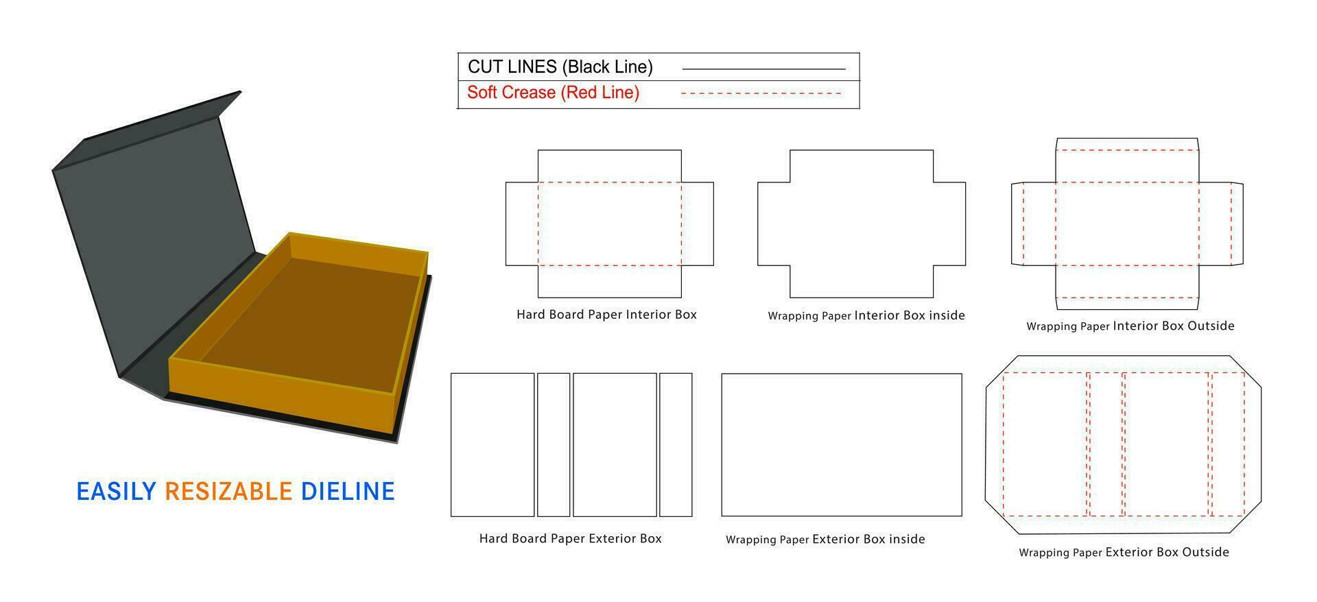 personalizado rígido caja, lujo magnético cerca rígido cajas dieline modelo y 3d caja vector