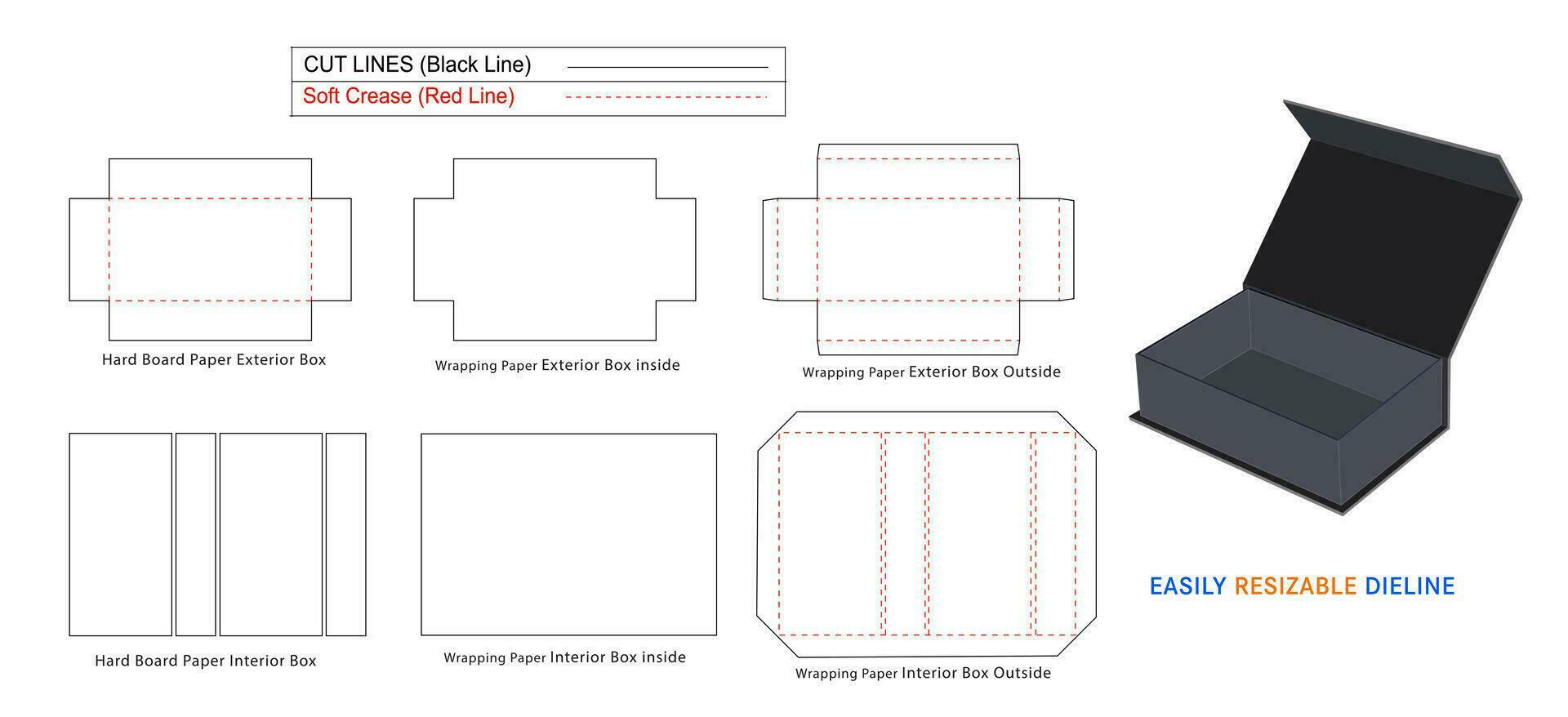 Luxury rigid box, Magnetic Rigid Boxes dieline template and 3D box vector