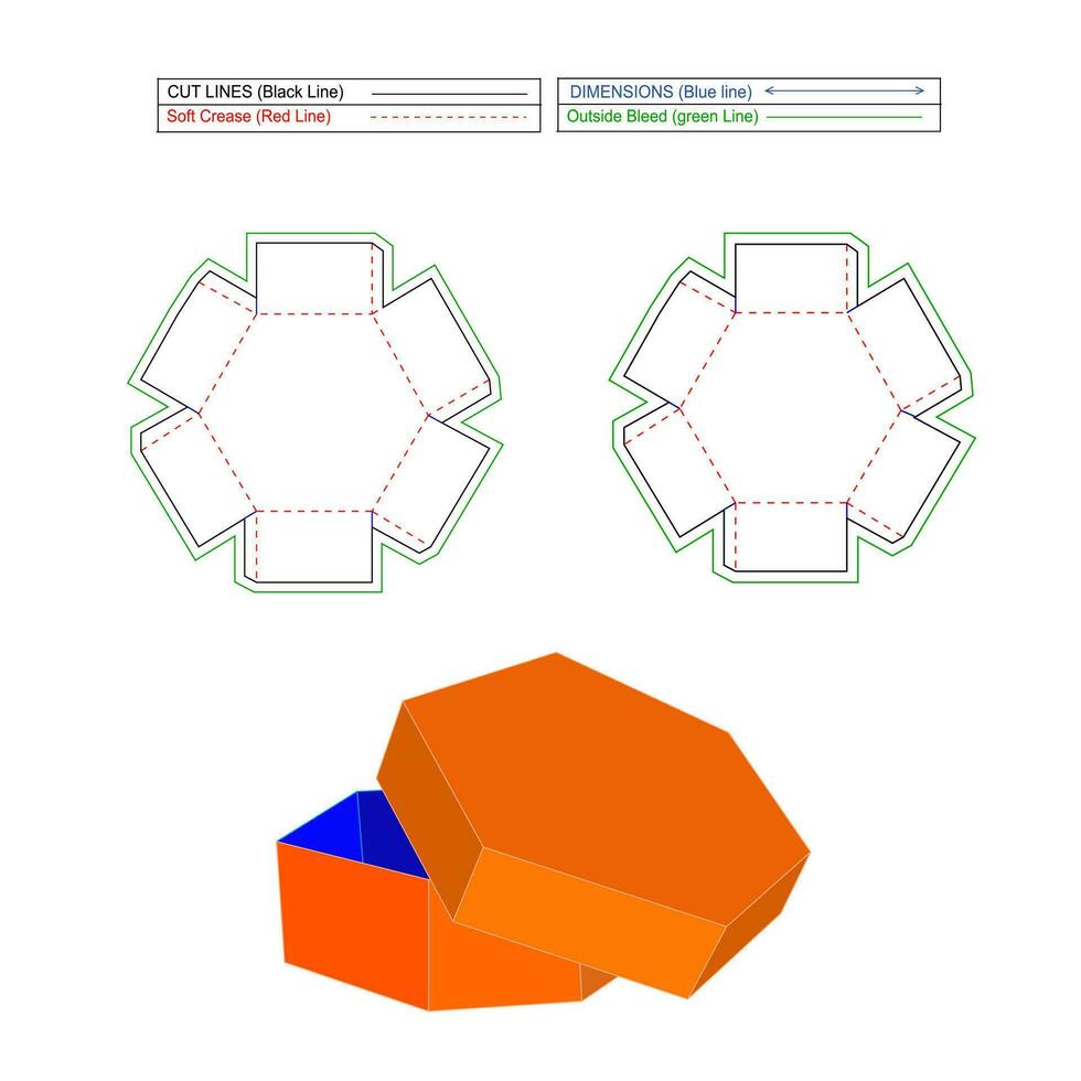 hexágono caja dieline modelo y 3d prestar, editable y redimensionable vector archivo