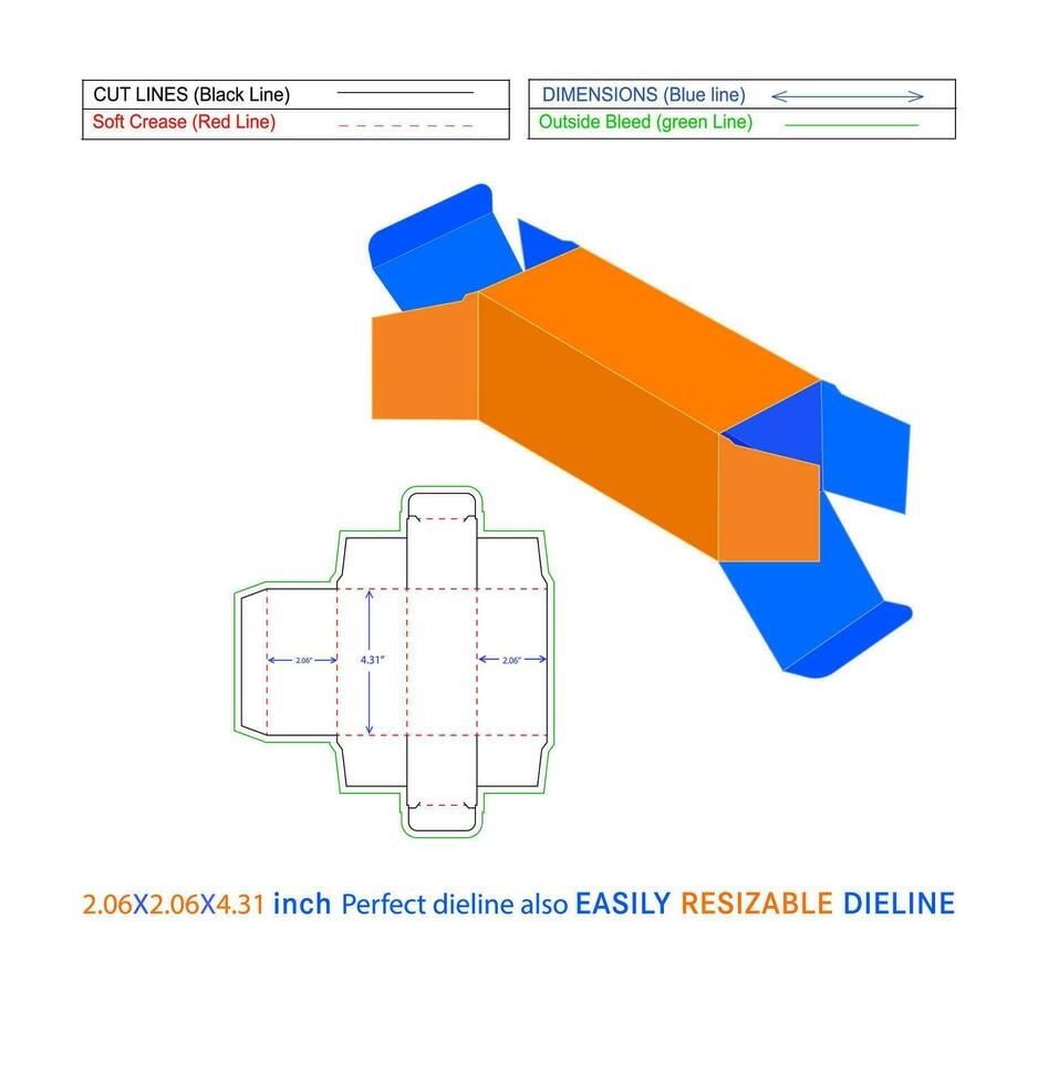 Custom Straight tuck end folding box 2.06x2.06x4.31 inch Dieline template and 3D vector file