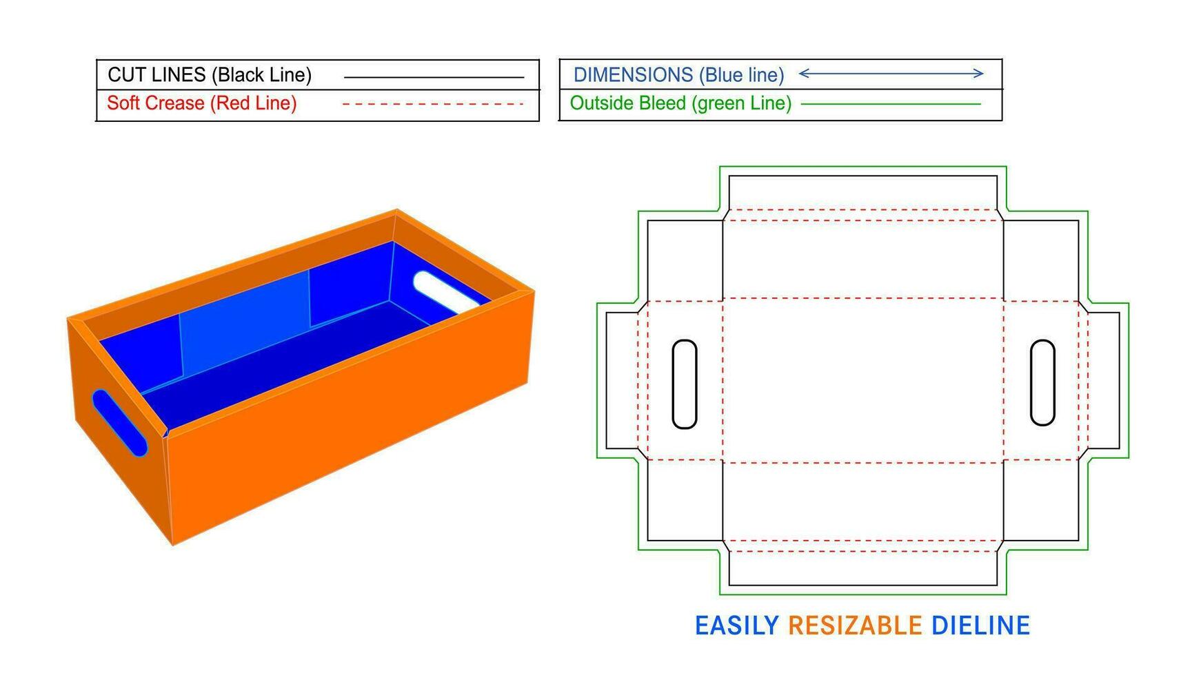 Corrugated crate box with holding notch, fruit carton box dieline and 3D vector, easily editable and resizable file vector