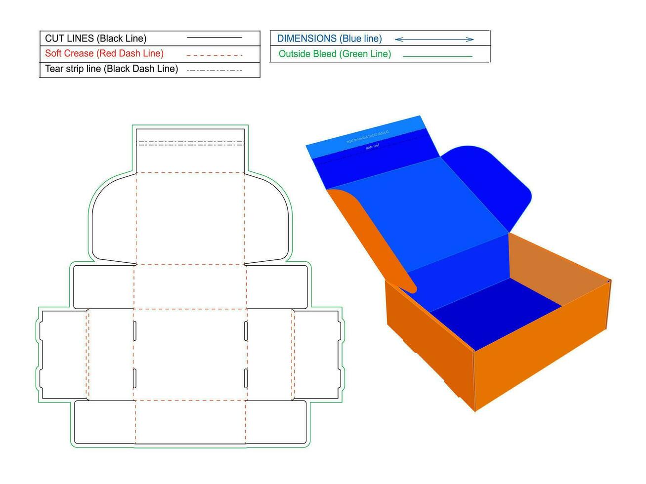 Mailer paper box with front side adhesive tape and tear stripe dieline template with 3D box vector