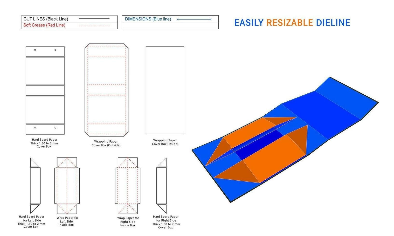 Foldable and Collapsible rigid box dieline and 3D box editable easily resizable vector