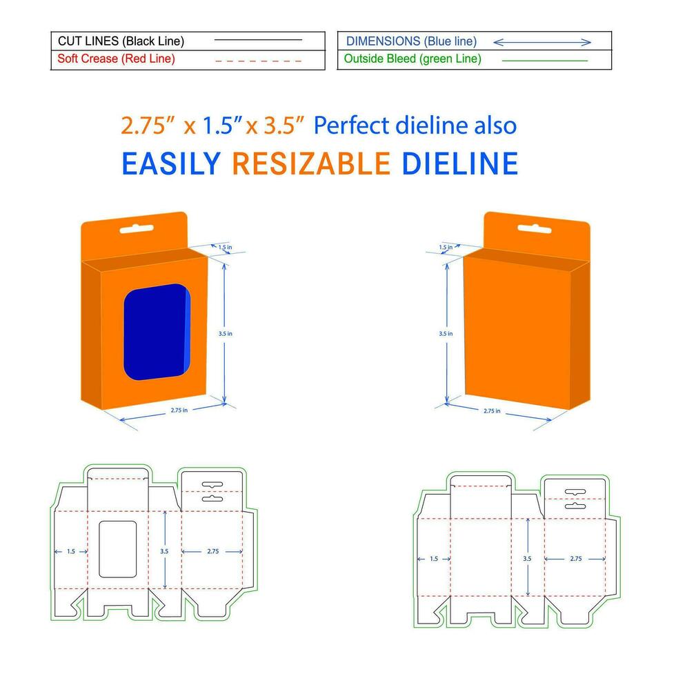 Hanging bottom snap lock mobile charger box, 2.75x1.5x3.5 box dieline packaging design and 3D box vector