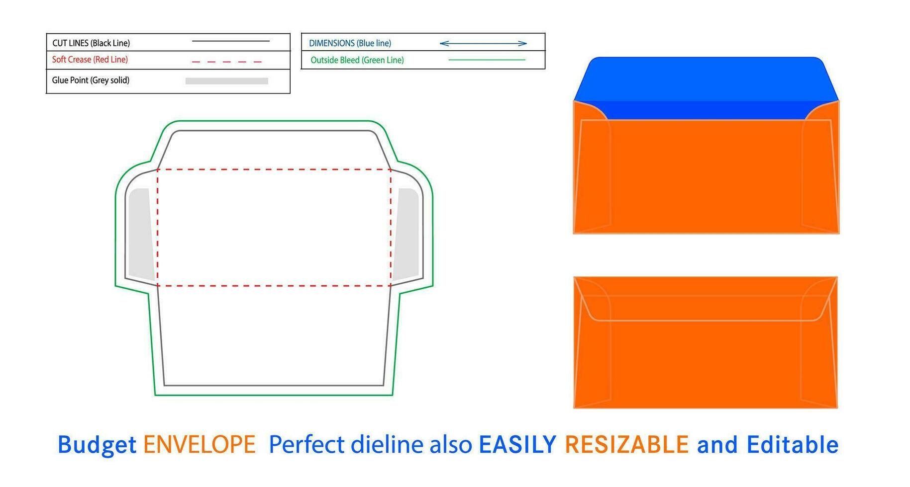 Horizontal Budget Envelope dieline and 3D vector file, Horizontal  style budget envelope editable and resizable  18x9 cm