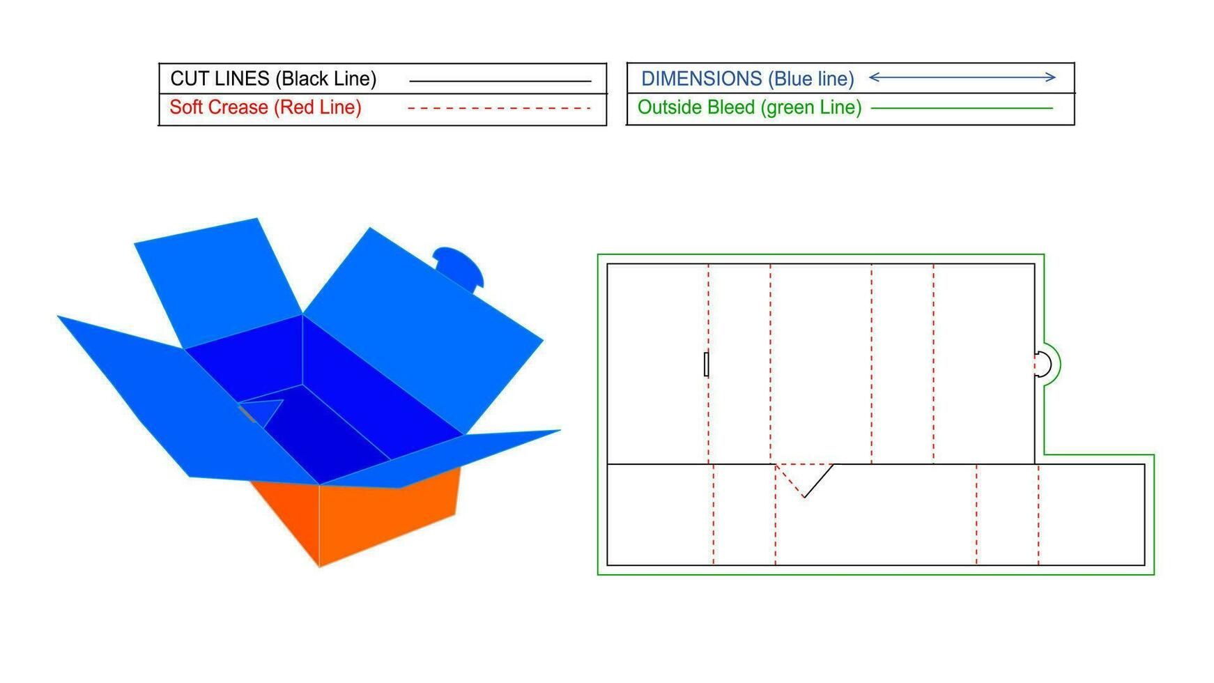 Corrugated foldable box without glue use,  Die line template and 3D render editable and resizable vector file