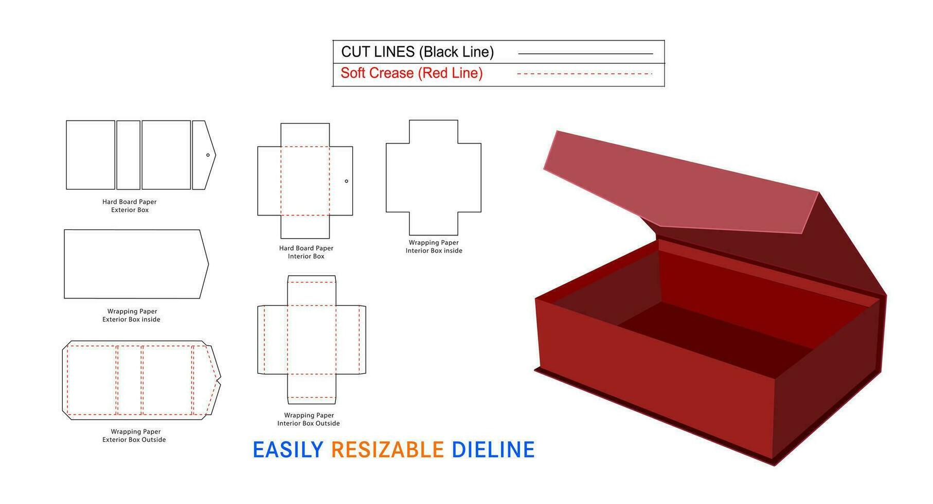 lujo ángulo cara rígido caja, magnético rígido cajas dieline modelo y 3d caja vector