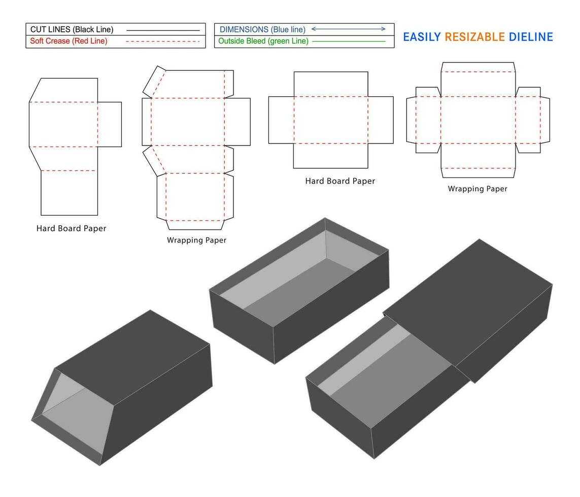 Custom trapezium style Rigid cover box or sleeve box dieline, die cut packaging template design with 3D box vector