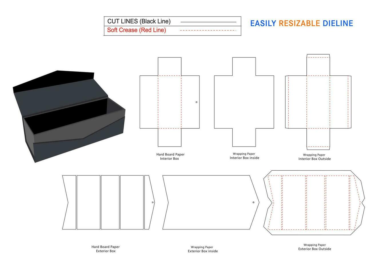 Collapsible rigid boxes and custom foldable collapsible rigid box and dieline template with 3d vector file