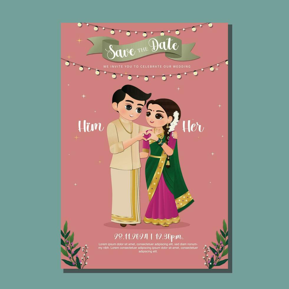tarjeta de invitación de boda la novia y el novio linda pareja en el personaje de dibujos animados tradicional vestido indio. ilustración vectorial vector
