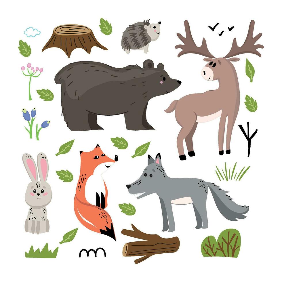 Set of forest animals made in flat style vector. Zoo cartoon collection for children book and posters. Bear, fox, here, hadgehog, deer vector
