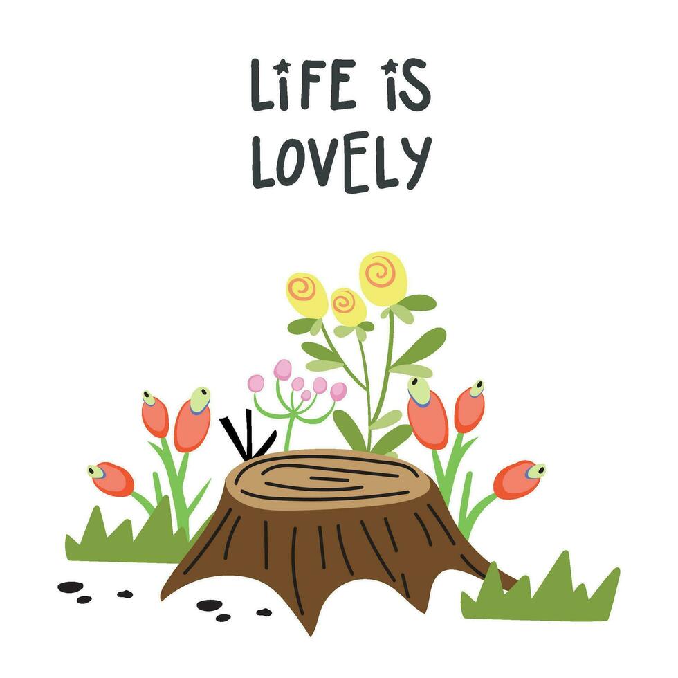 Card lettering Life is Lovely and vector illustration with flowers and berries