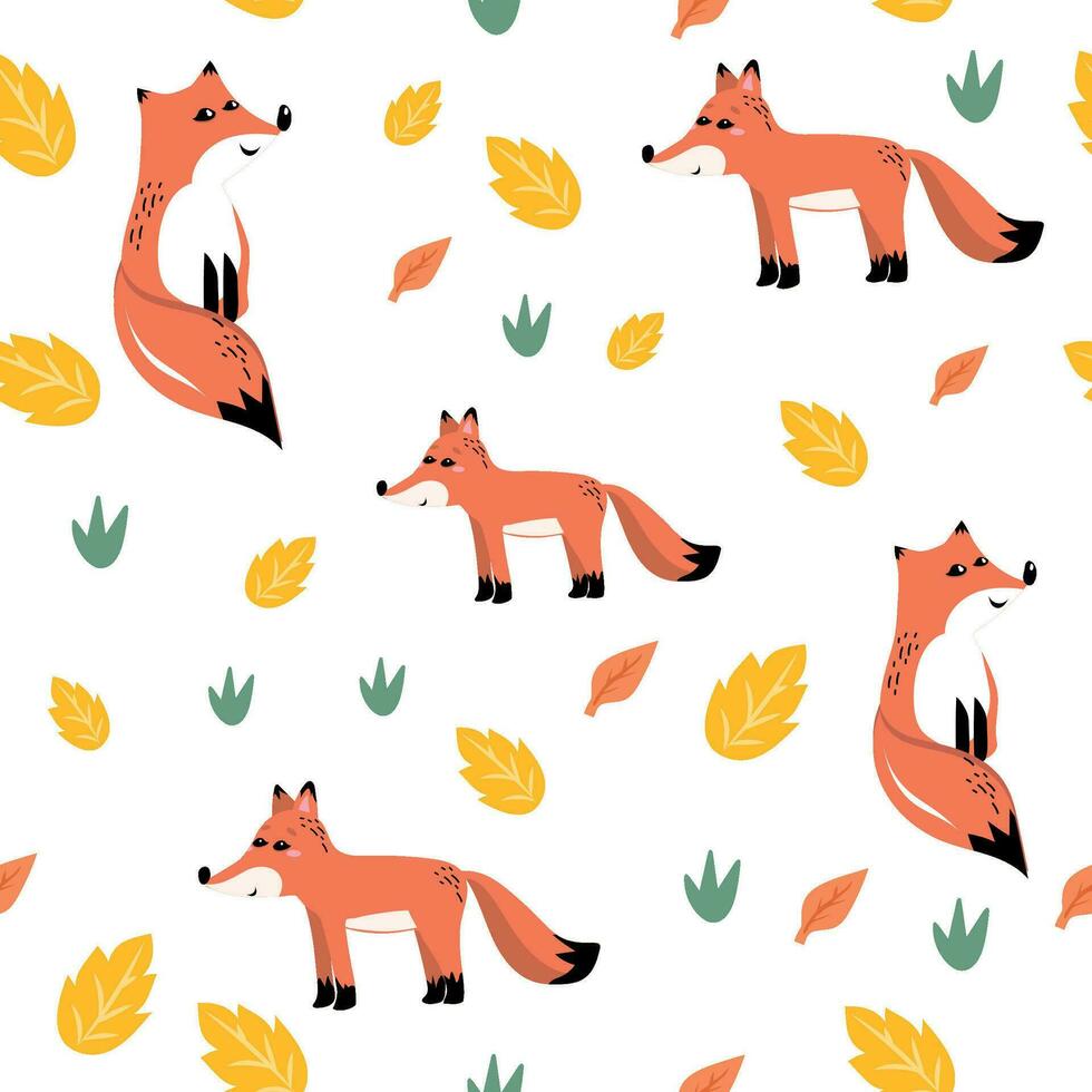 Pattern with cute foxes with autumn leaves. Perfect for printing, textiles, wrapping paper. Vector illustration